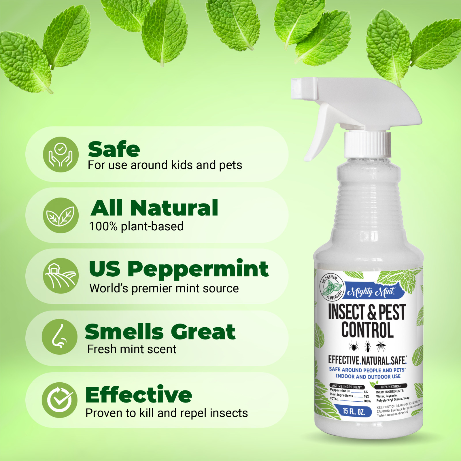 Mighty Mint Insect & Pest Control Spray 15 oz Natural Peppermint Oil Repellent