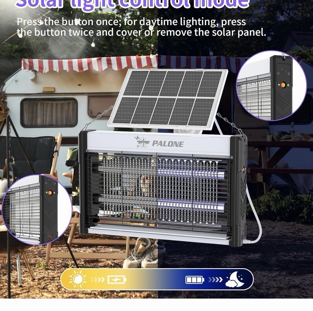 PALONE Solar Bug Zapper Lantern, USB-C Charging, Indoor/Outdoor Mosquito Fly
