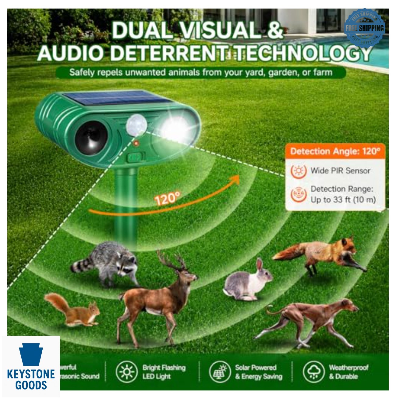 Solar Ultrasonic Animal Repeller 2 Pack Motion Sensor Waterproof LED Strobe Deer