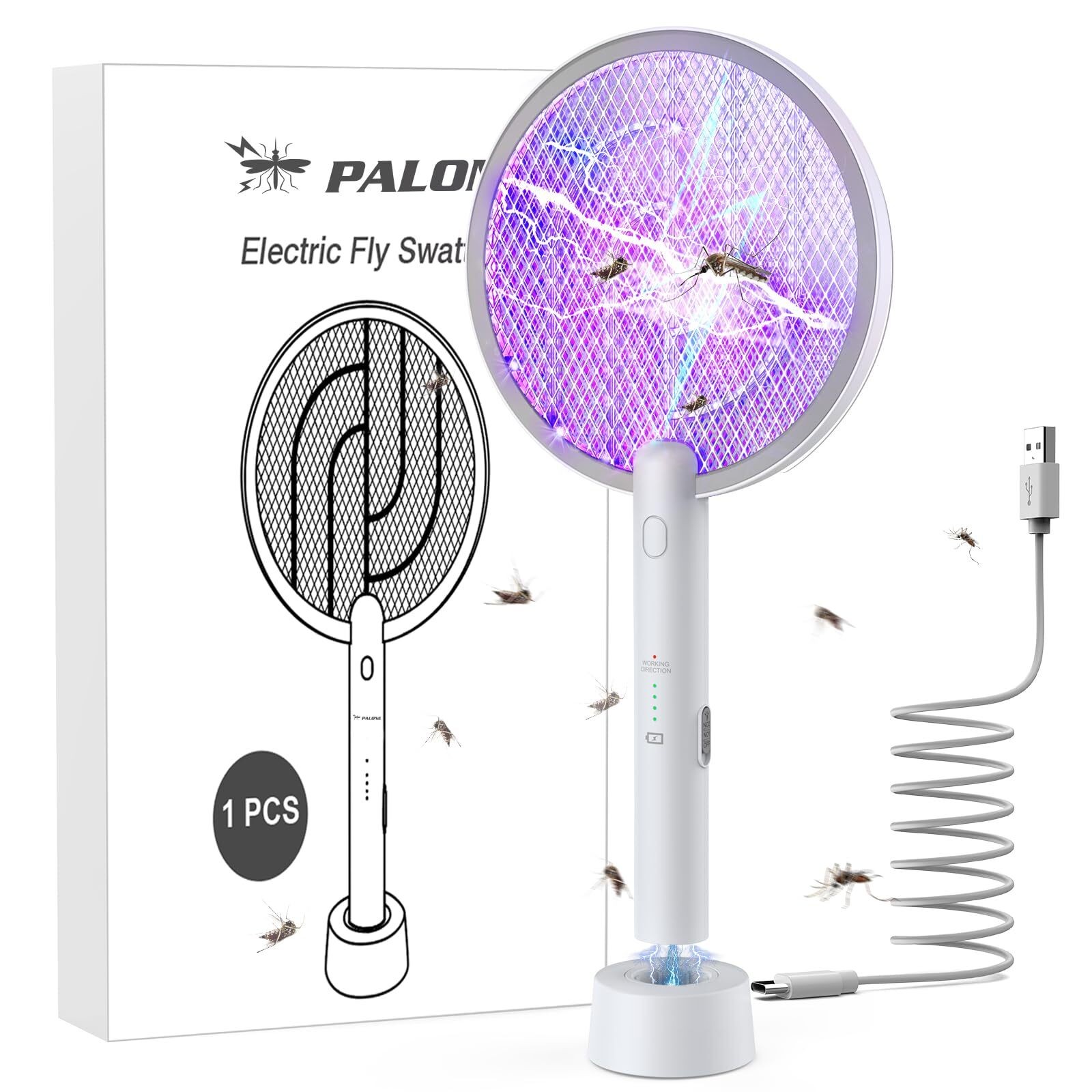 Electric Fly Swatter 4000V Bug Zapper Racket 2 in 1 Fly Swatter Rechargeable