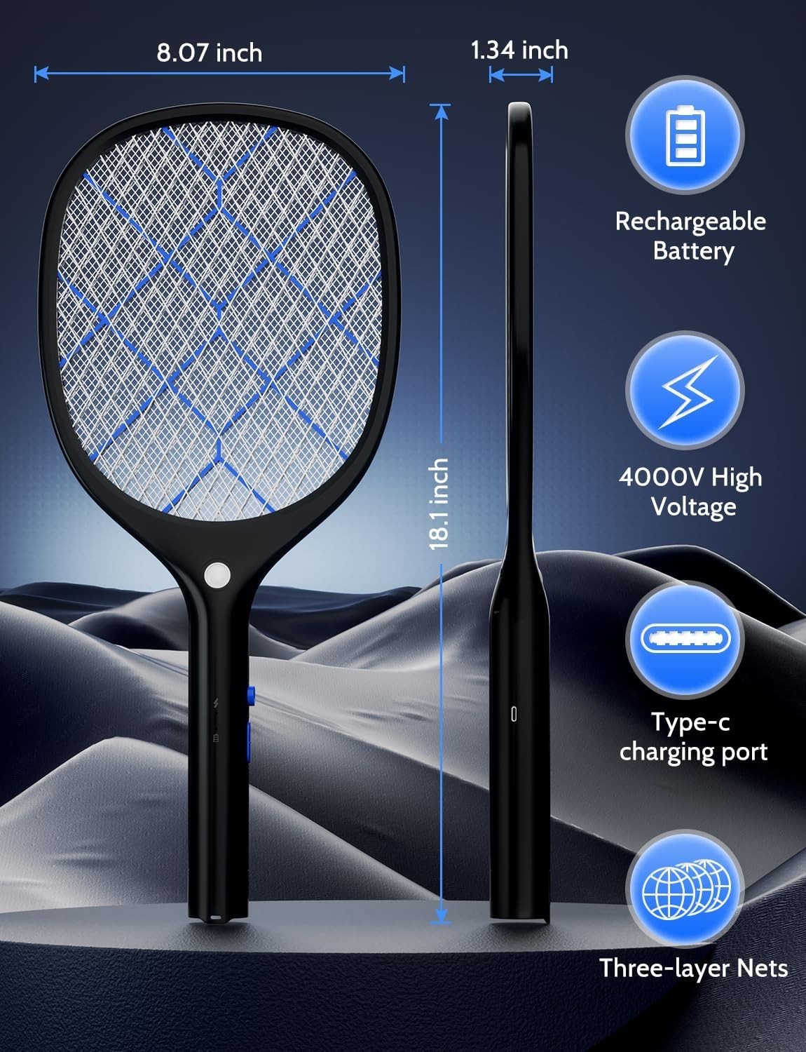 Electric Fly Swatter Bug Zapper Racket 4000V Rechargeable Mosquito Killer wit…