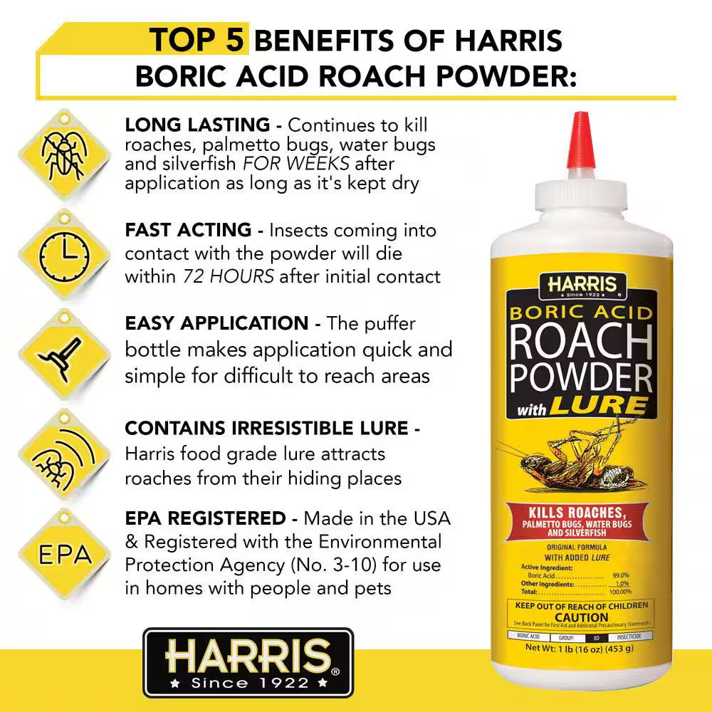 HARRIS Boric Acid Roach and Silverfish Killer Powder w/Lure for Insects (16oz)..