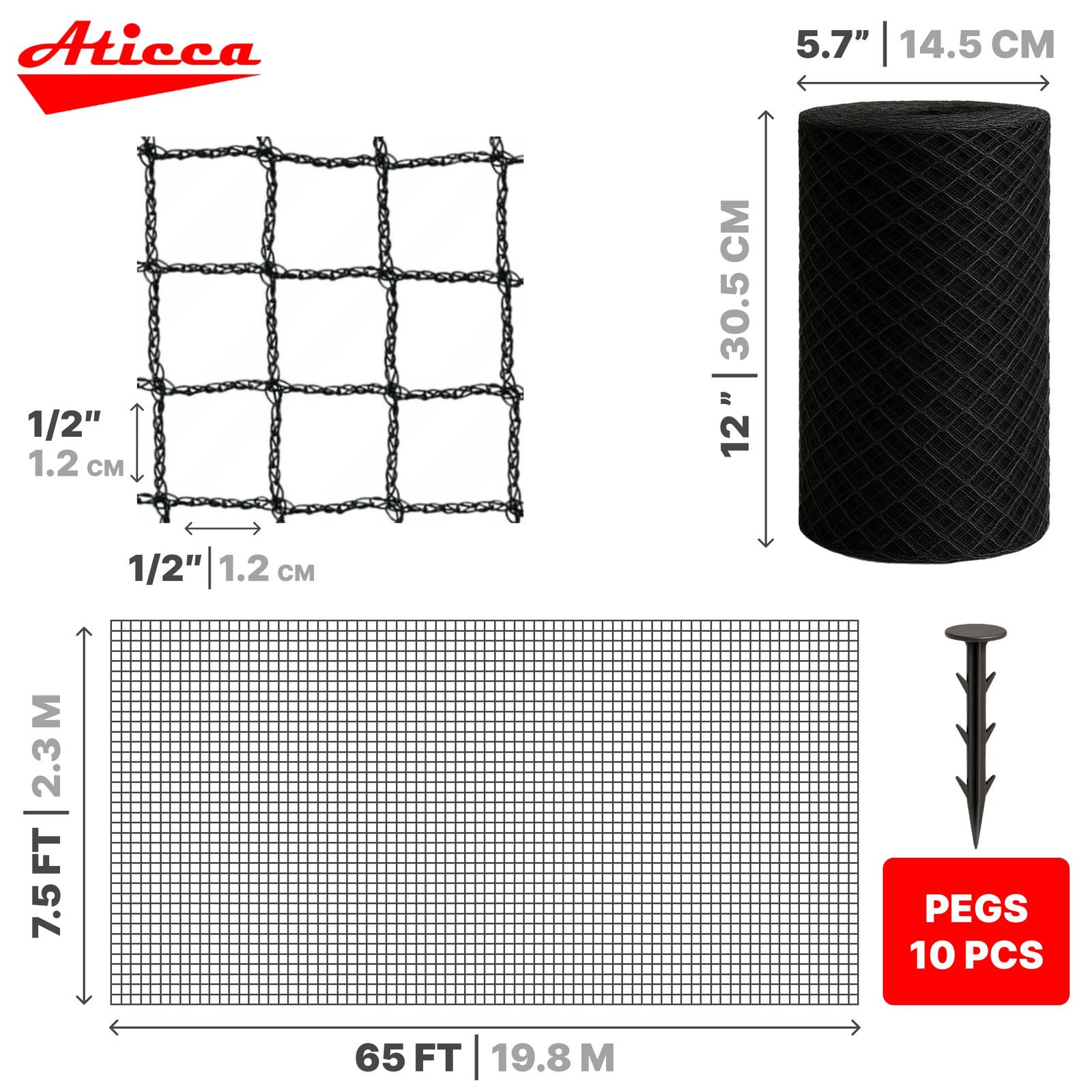 1 PCS Black Heavy Duty Bird Netting 7.5×65 Ft 10 Stakes Durable Nylon Mesh