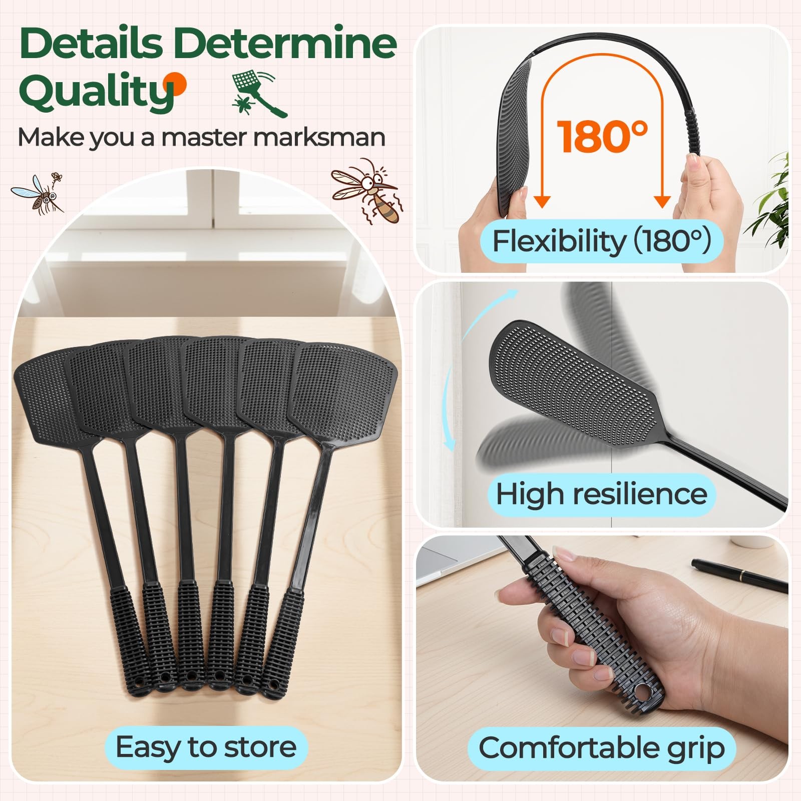 Heavy-Duty Fly Swatter, Indoor & Outdoor, Long Handle, Large Swatting Surface