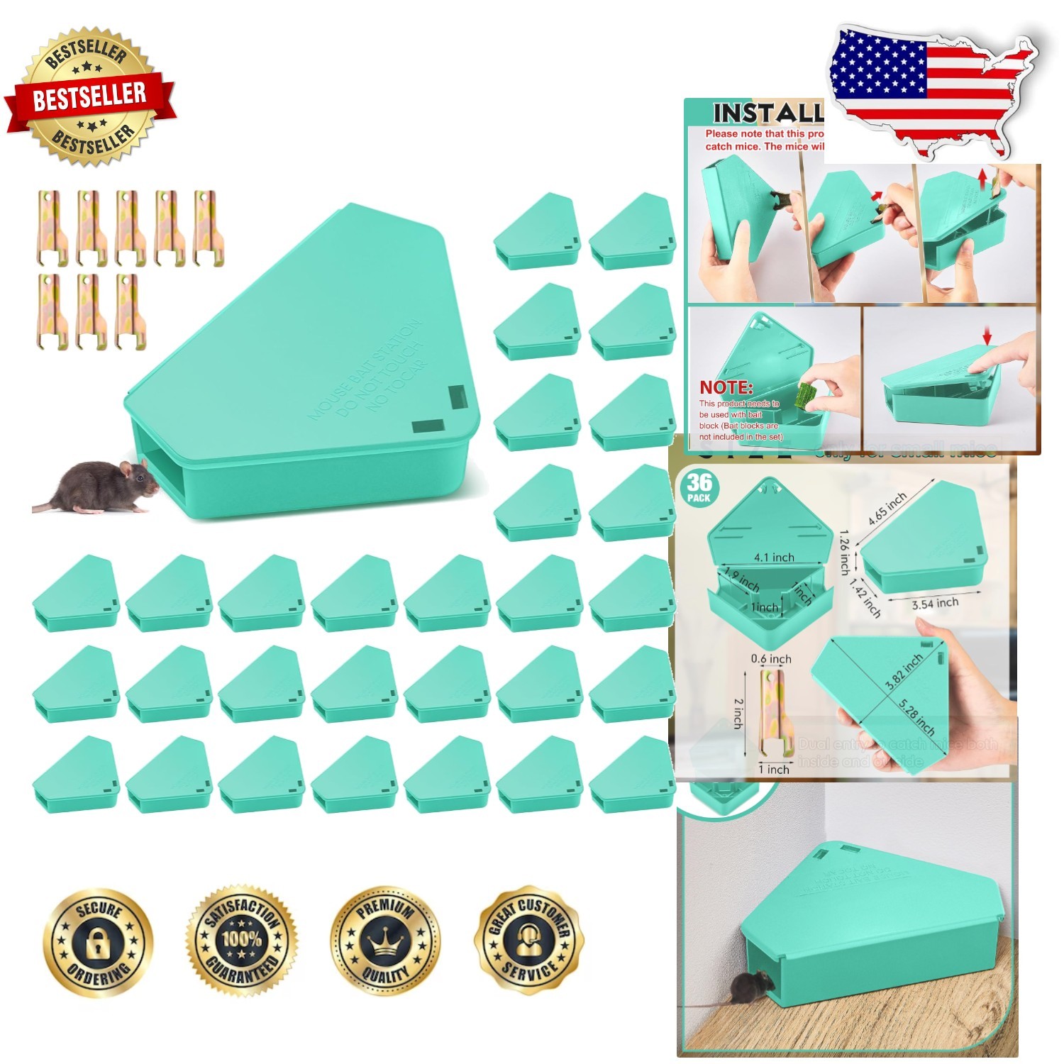 Set of 36 Lockable Mouse Stations – Modern Blue, Enclosed Design, Key Included