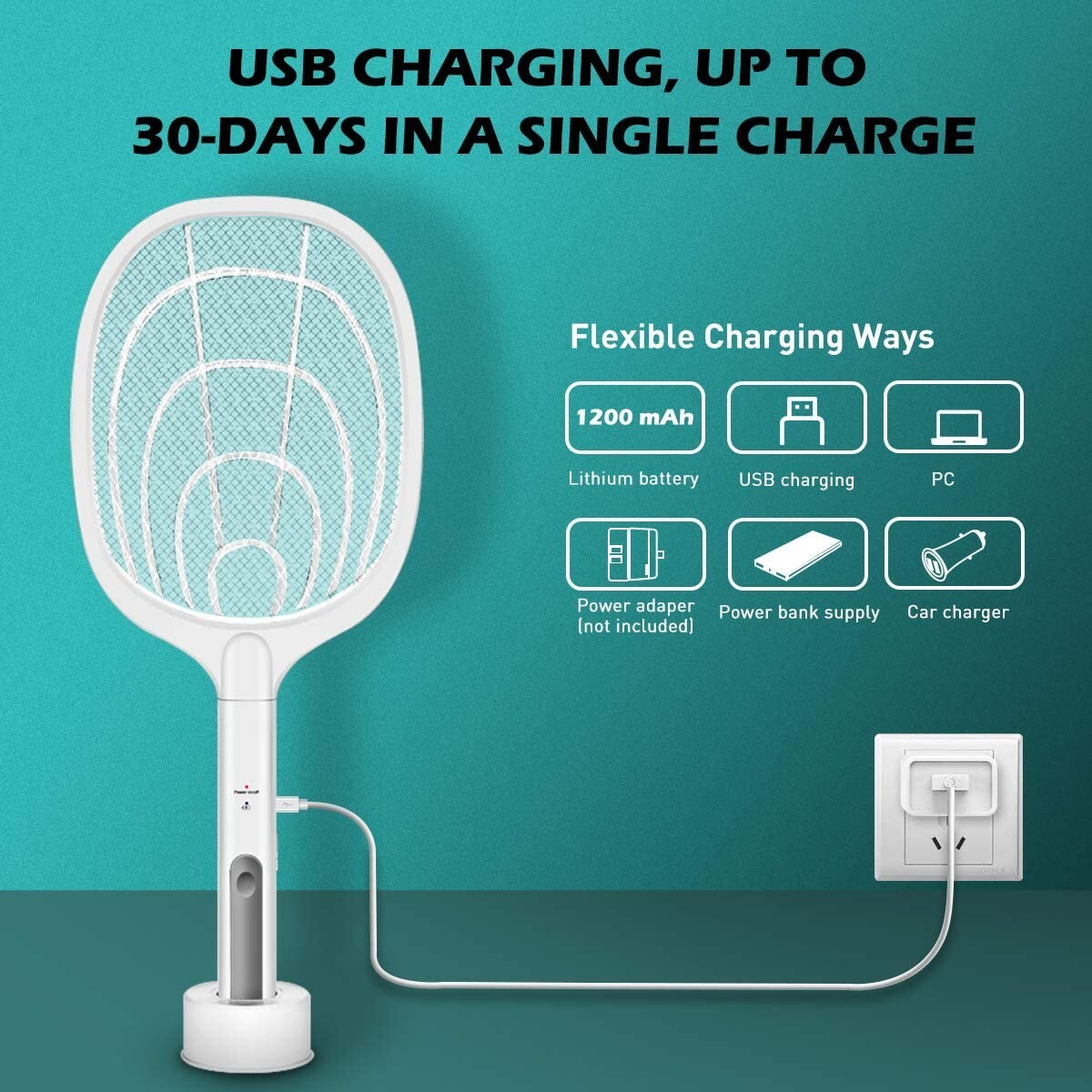 Pack of 2 Bug Zapper Racket 3000V High Power Mosquito Fly Swatter RECHARGEABLE