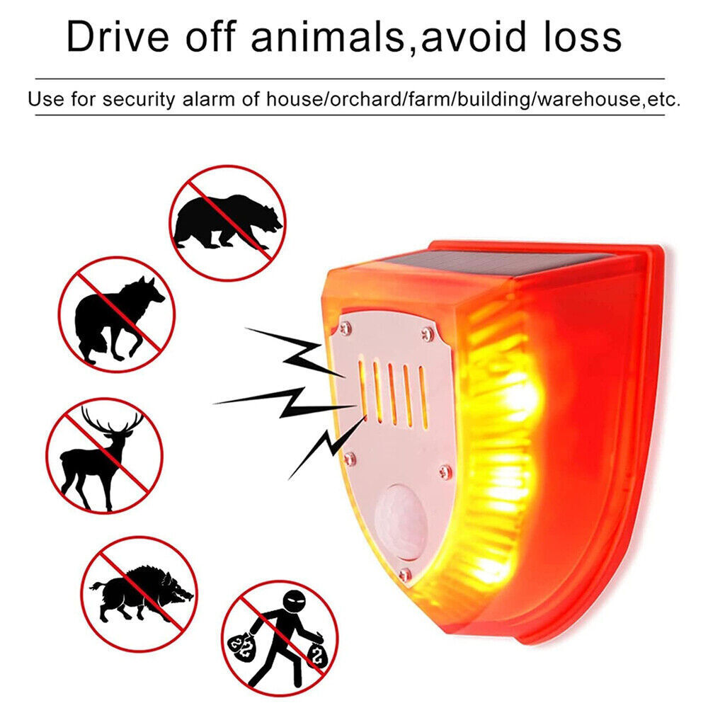 3 Modes Solar Motion Sensor Alarm Light Outdoor Dog Barking Gunshot Sound 129db