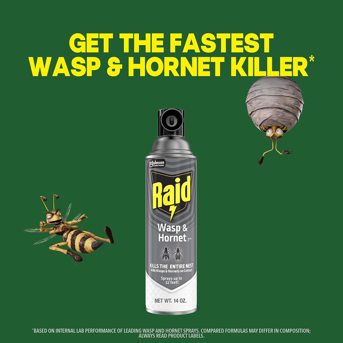 Raid Wasp & Hornet Killer Spray, Kills the Entire Nest, For Paper Wasps, Yellow