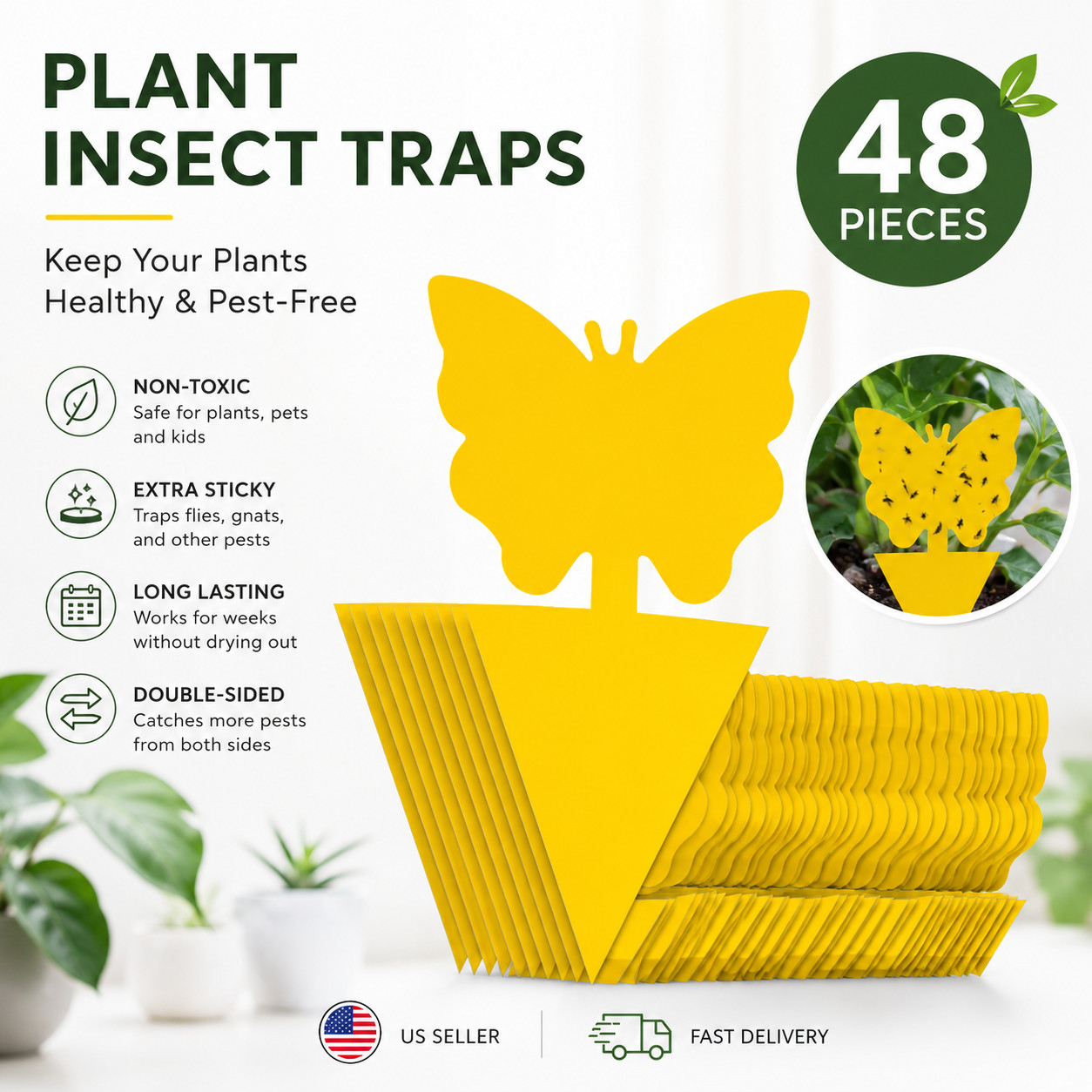 48PCS Fruit Fly Trap Sticky Gnat Traps for Indoor Plants Fungus Gnat Killer